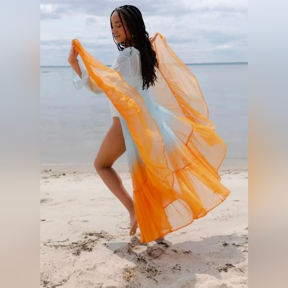 Anthropologie Sheer Tiered Ombre Duster Orange & Light Blue NIP$200